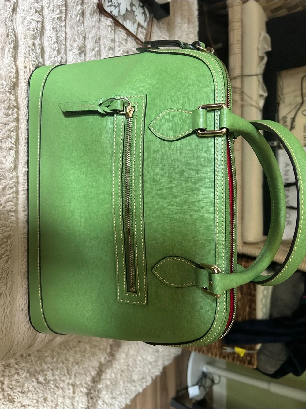Dooney & Bourke Bright Green Saffiano Satchel with Red Trim